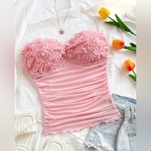 Women's Plain Ruched 3D Rose Bandeau Crop Top